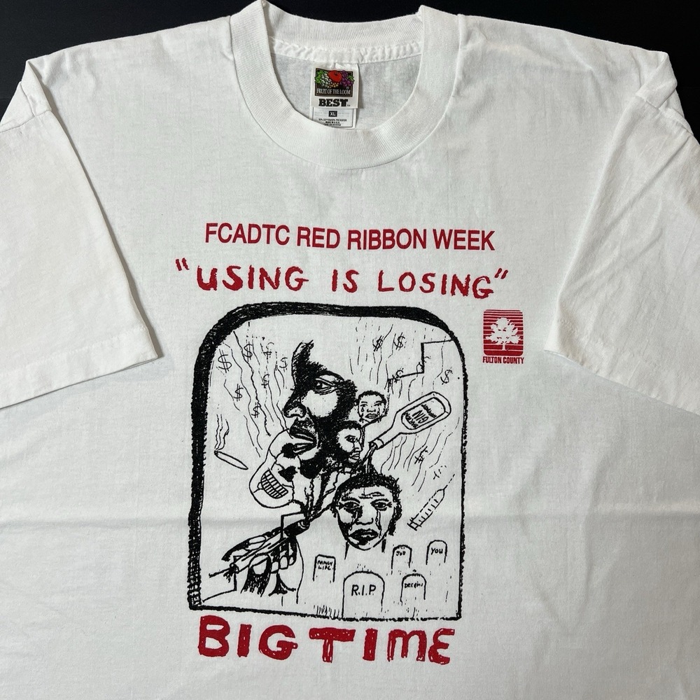 Vintage Drug Tshirt Single Stitch Red Ribbon Week Fulton County‎ GA Size XL 90s